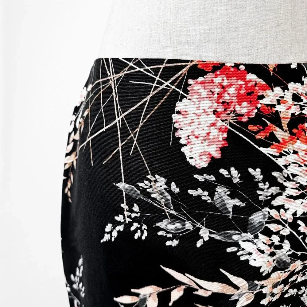 Vintage Y2K Black Floral Print Knee Length Straight Pencil Bodycon Skirt Size M